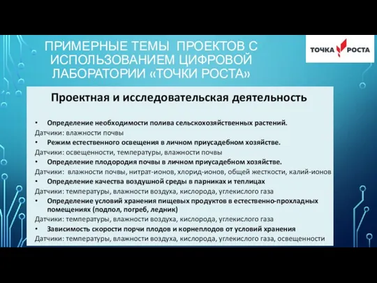 ПРИМЕРНЫЕ ТЕМЫ ПРОЕКТОВ С ИСПОЛЬЗОВАНИЕМ ЦИФРОВОЙ ЛАБОРАТОРИИ «ТОЧКИ РОСТА»