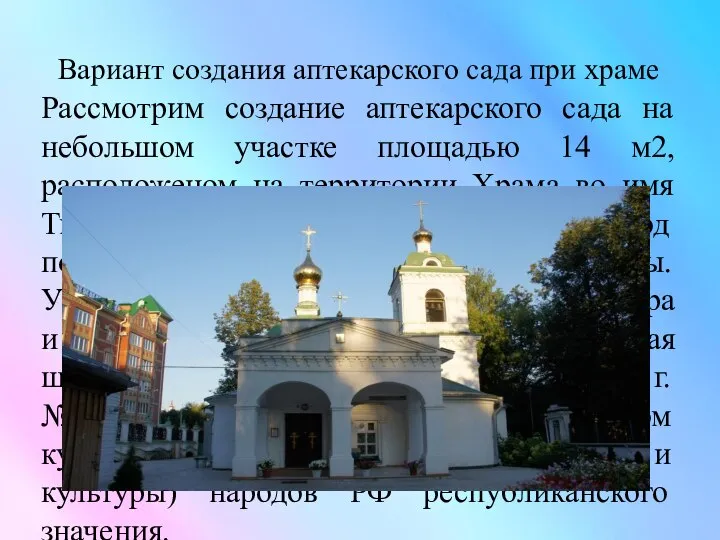 Вариант создания аптекарского сада при храме Рассмотрим создание аптекарского сада на