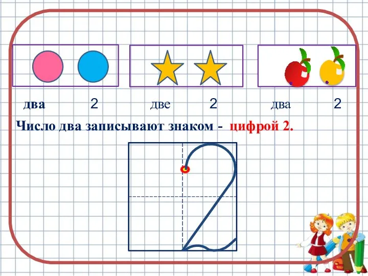 два две два 2 2 2 Число два записывают знаком - цифрой 2.