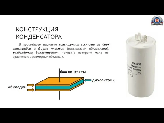 КОНСТРУКЦИЯ КОНДЕНСАТОРА В простейшем варианте конструкция состоит из двух электродов в