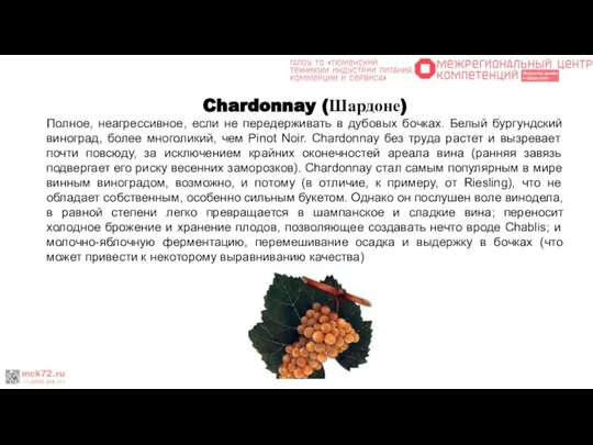 Chardonnay (Шардоне) Полное, неагрессивное, если не передерживать в дубовых бочках. Белый