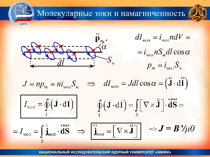 Молекулярные токи и намагниченность => J = B’/μ0