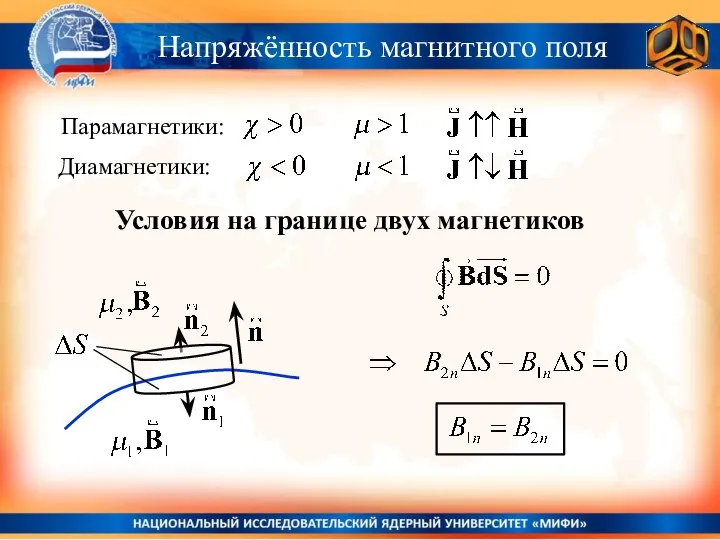 Напряжённость магнитного поля Парамагнетики: Диамагнетики: Условия на границе двух магнетиков