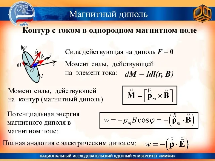 Контур с током в однородном магнитном поле Магнитный диполь Сила действующая