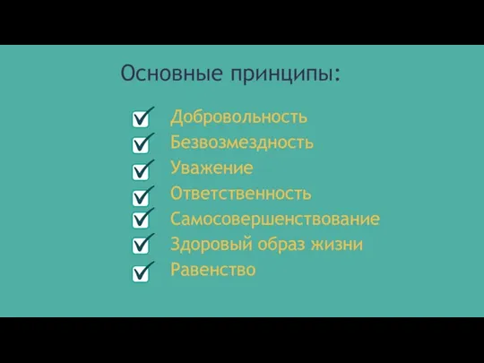 Добровольность Безвозмездность Уважение Ответственность Самосовершенствование Здоровый образ жизни Равенство Основные принципы: