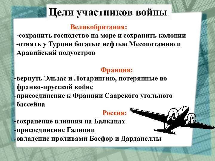 Цели участников войны. Великобритания: -сохранить господство на море и сохранить колонии