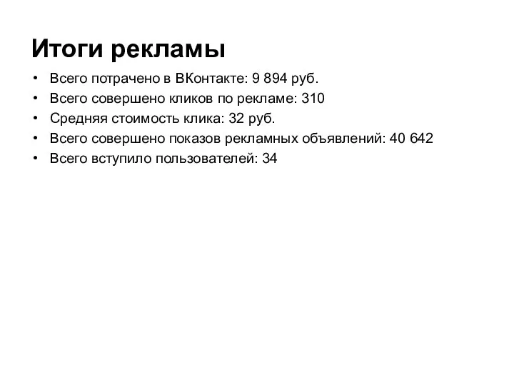 Итоги рекламы Всего потрачено в ВКонтакте: 9 894 руб. Всего совершено
