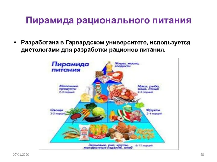Пирамида рационального питания Разработана в Гарвардском университете, используется диетологами для разработки рационов питания. 07.01.2020