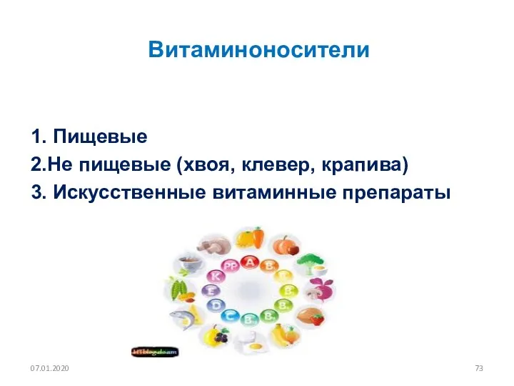 Витаминоносители 1. Пищевые 2.Не пищевые (хвоя, клевер, крапива) 3. Искусственные витаминные препараты 07.01.2020