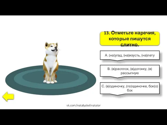 13. Отметьте наречия, которые пишутся слитно. А. (на)угад, (на)изусть, (на)лету В.