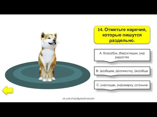 14. Отметьте наречия, которые пишутся раздельно. А. бок(о)бок, (без)оглядки, (на)радостях В.