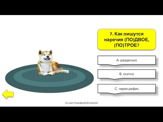 7. Как пишутся наречия (ПО)ДВОЕ, (ПО)ТРОЕ? А. раздельно В. слитно С. через дефис