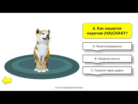 8. Как пишется наречие (НА)СКАКУ? А. Пишется раздельно В. Пишется слитно С. Пишется через дефис