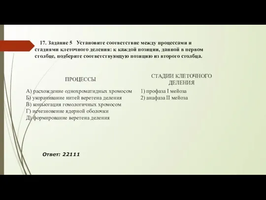 17. Задание 5 Установите соответствие между процессами и стадиями клеточного деления: