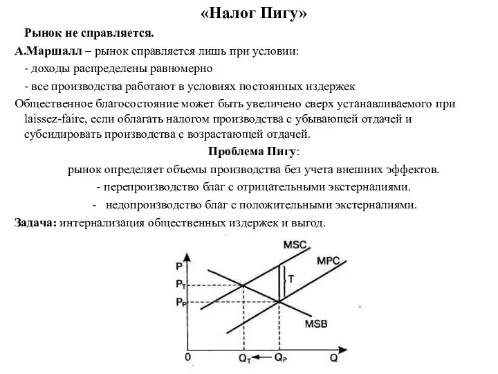 «Налог Пигу» Рынок не справляется. А.Маршалл – рынок справляется лишь при