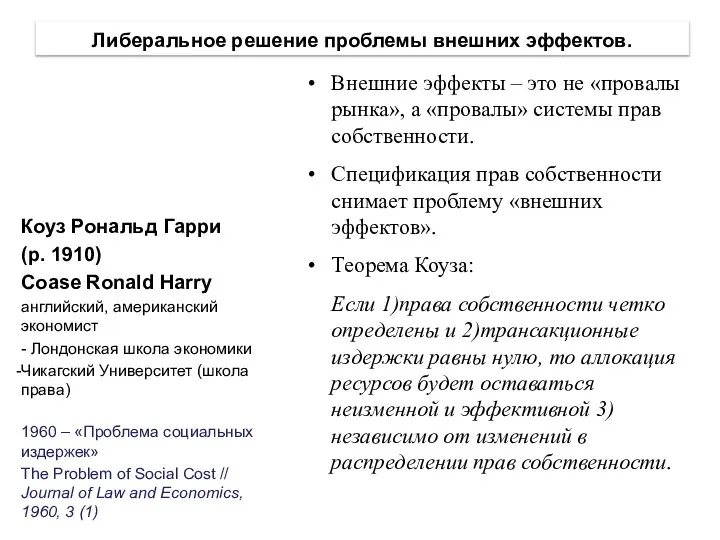 Либеральное решение проблемы внешних эффектов. Внешние эффекты – это не «провалы