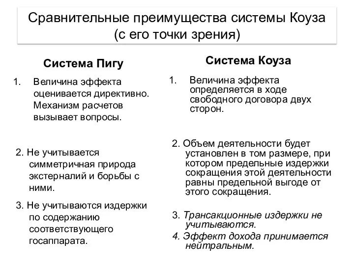 Сравнительные преимущества системы Коуза (с его точки зрения) Система Пигу Величина