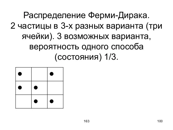 163 Распределение Ферми-Дирака. 2 частицы в 3-х разных варианта (три ячейки).