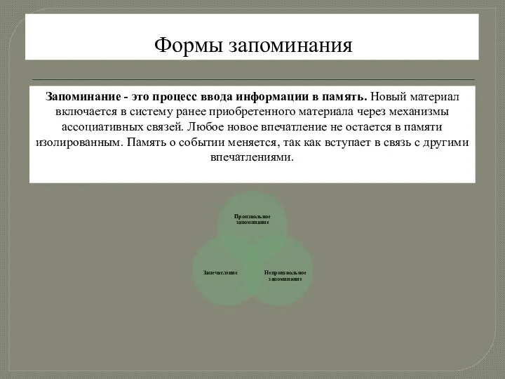 Формы запоминания Запоминание - это процесс ввода информации в память. Новый