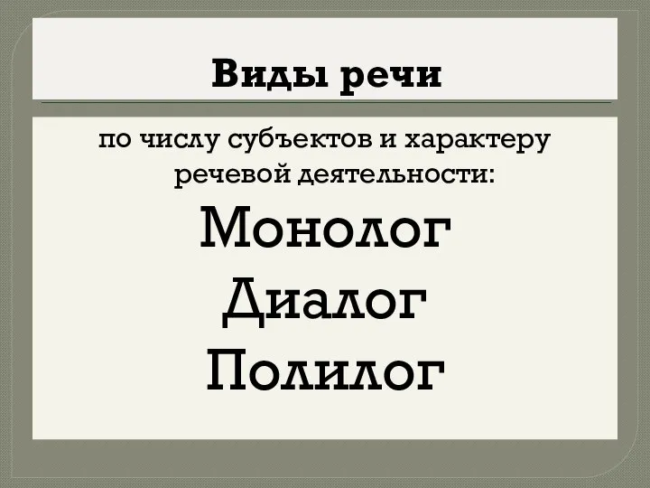 Виды речи по числу субъектов и характеру речевой деятельности: Монолог Диалог Полилог