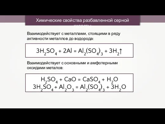 Химические свойства разбавленной серной кислоты 3H2SO4 + 2Al = Al2(SO4)3 +