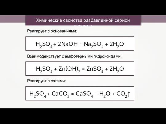 Химические свойства разбавленной серной кислоты H2SO4 + 2NaOH = Na2SO4 +