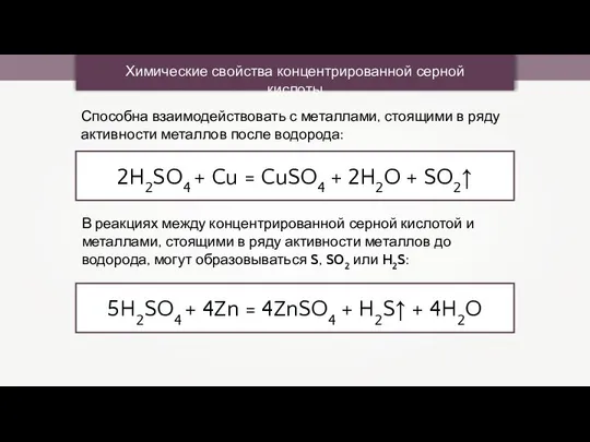 Химические свойства концентрированной серной кислоты 2H2SO4 + Cu = CuSO4 +