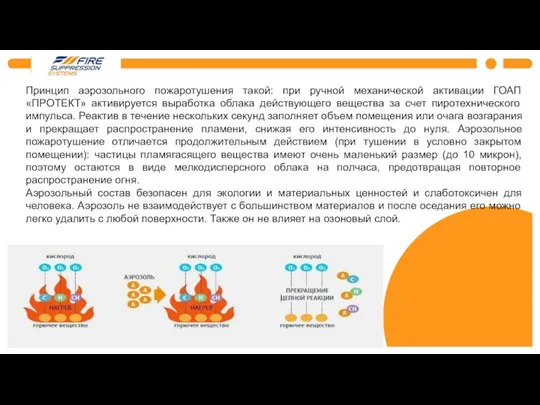 Принцип аэрозольного пожаротушения такой: при ручной механической активации ГОАП «ПРОТЕКТ» активируется