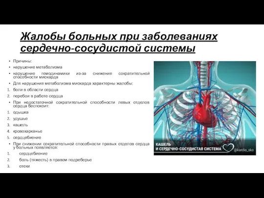 Жалобы больных при заболеваниях сердечно-сосудистой системы Причины: нарушение метаболизма нарушение гемодинамики