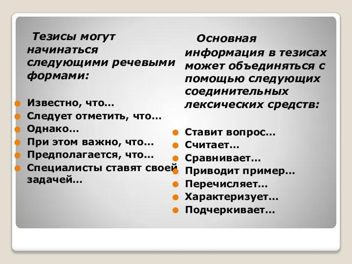 Тезисы могут начинаться следующими речевыми формами: Известно, что… Следует отметить, что…