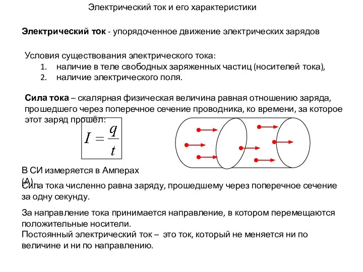 Электрический ток - упорядоченное движение электрических зарядов Электрический ток и его