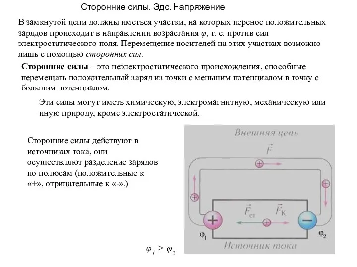 Сторонние силы. Эдс. Напряжение В замкнутой цепи должны иметься участки, на