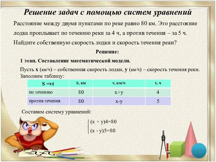 Решение задач с помощью систем уравнений Расстояние между двумя пунктами по