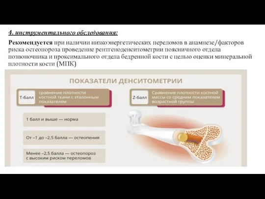 4. инструментального обследования: Рекомендуется при наличии низкоэнергетических переломов в анамнезе/факторов риска