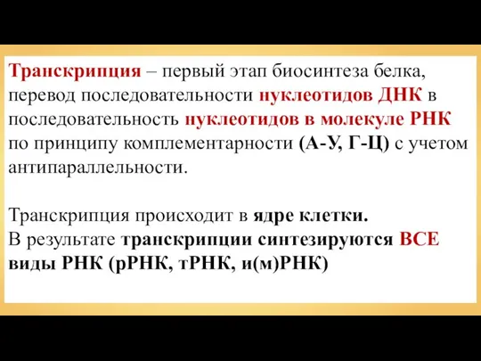 Транскрипция – первый этап биосинтеза белка, перевод последовательности нуклеотидов ДНК в