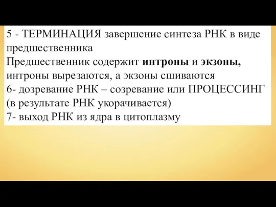 5 - ТЕРМИНАЦИЯ завершение синтеза РНК в виде предшественника Предшественник содержит