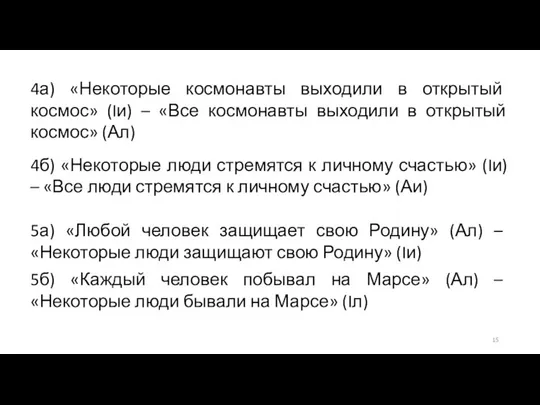 4а) «Некоторые космонавты выходили в открытый космос» (Iи) – «Все космонавты