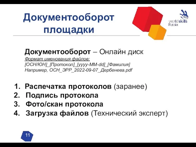 Документооборот площадки Документооборот – Онлайн диск Формат именования файлов: [ОСН/ЮН]_[Протокол]_[yyyy-MM-dd]_[Фамилия] Например,