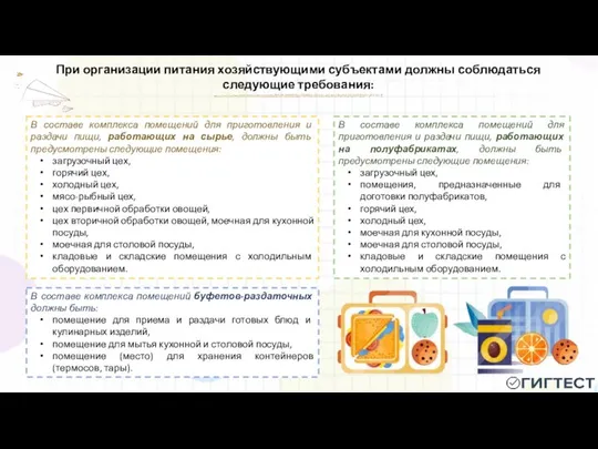 При организации питания хозяйствующими субъектами должны соблюдаться следующие требования: В составе