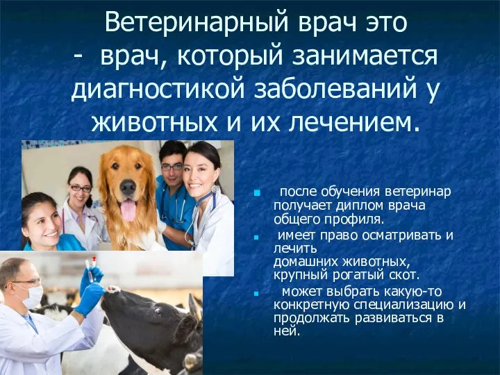 Ветеринарный врач это - врач, который занимается диагностикой заболеваний у животных