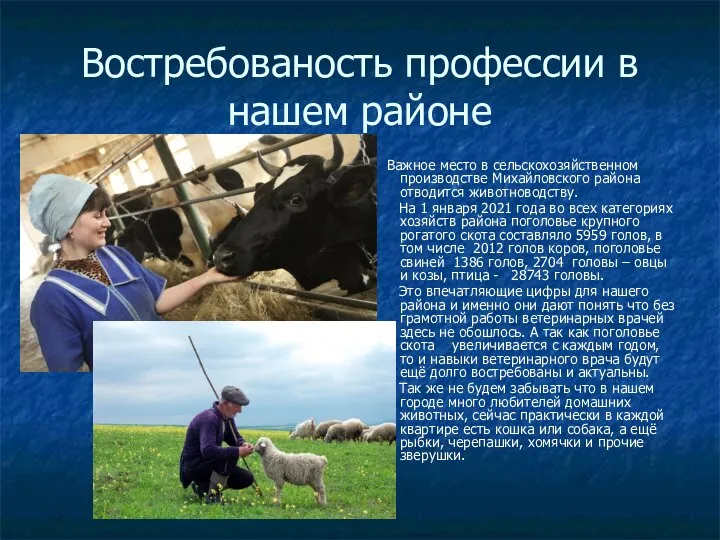 Востребованость профессии в нашем районе Важное место в сельскохозяйственном производстве Михайловского