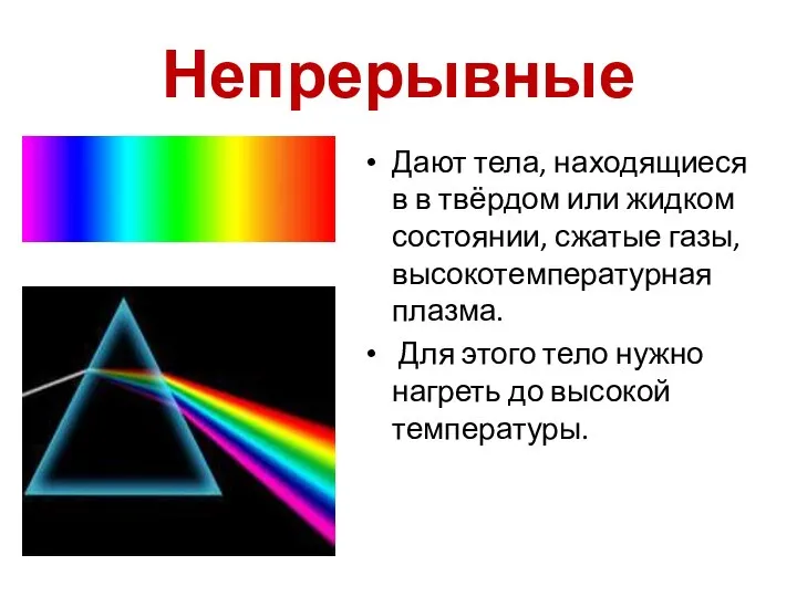 Непрерывные Дают тела, находящиеся в в твёрдом или жидком состоянии, сжатые