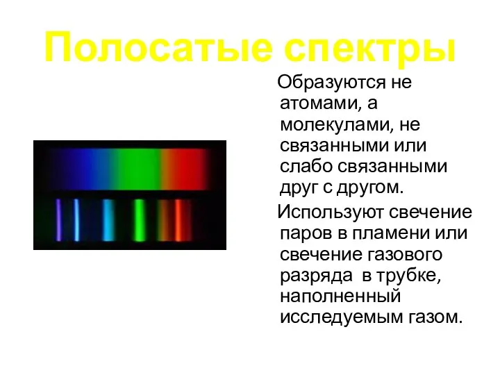 Полосатые спектры Образуются не атомами, а молекулами, не связанными или слабо