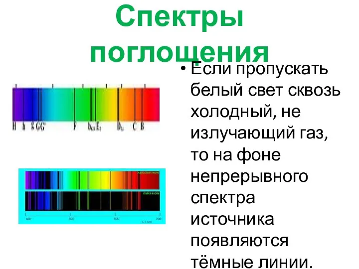 Спектры поглощения Если пропускать белый свет сквозь холодный, не излучающий газ,