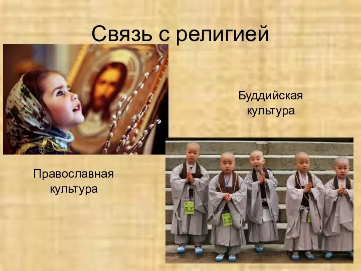 Связь с религией Православная культура Буддийская культура