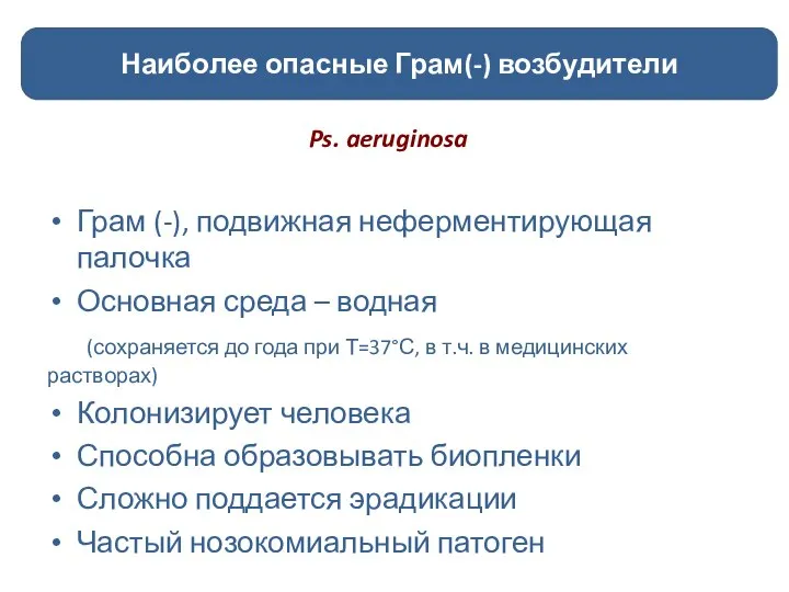 Ps. aeruginosa Наиболее опасные Грам(-) возбудители Грам (-), подвижная неферментирующая палочка