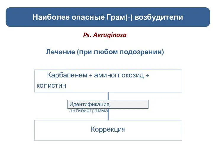 Ps. Aeruginosa Лечение (при любом подозрении) Наиболее опасные Грам(-) возбудители Карбапенем