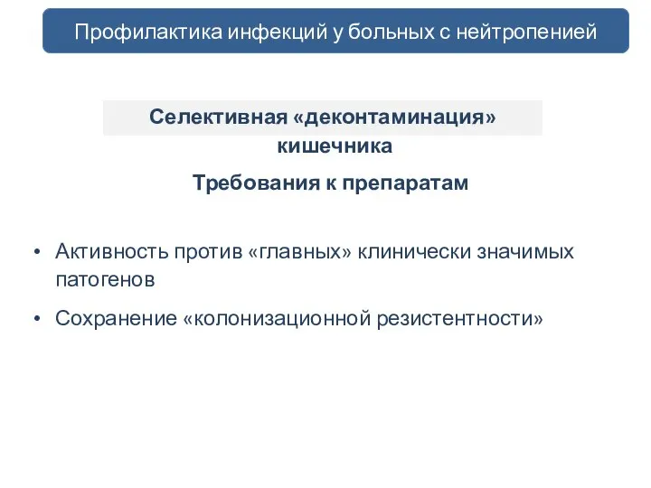 Требования к препаратам Активность против «главных» клинически значимых патогенов Сохранение «колонизационной