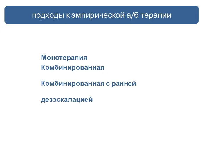 Монотерапия Комбинированная Комбинированная с ранней дезэскалацией подходы к эмпирической а/б терапии