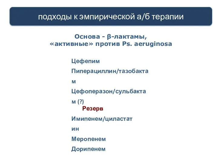 Цефепим Пиперациллин/тазобактам Цефоперазон/сульбактам (?) Основа - β-лактамы, «активные» против Ps. aeruginosa